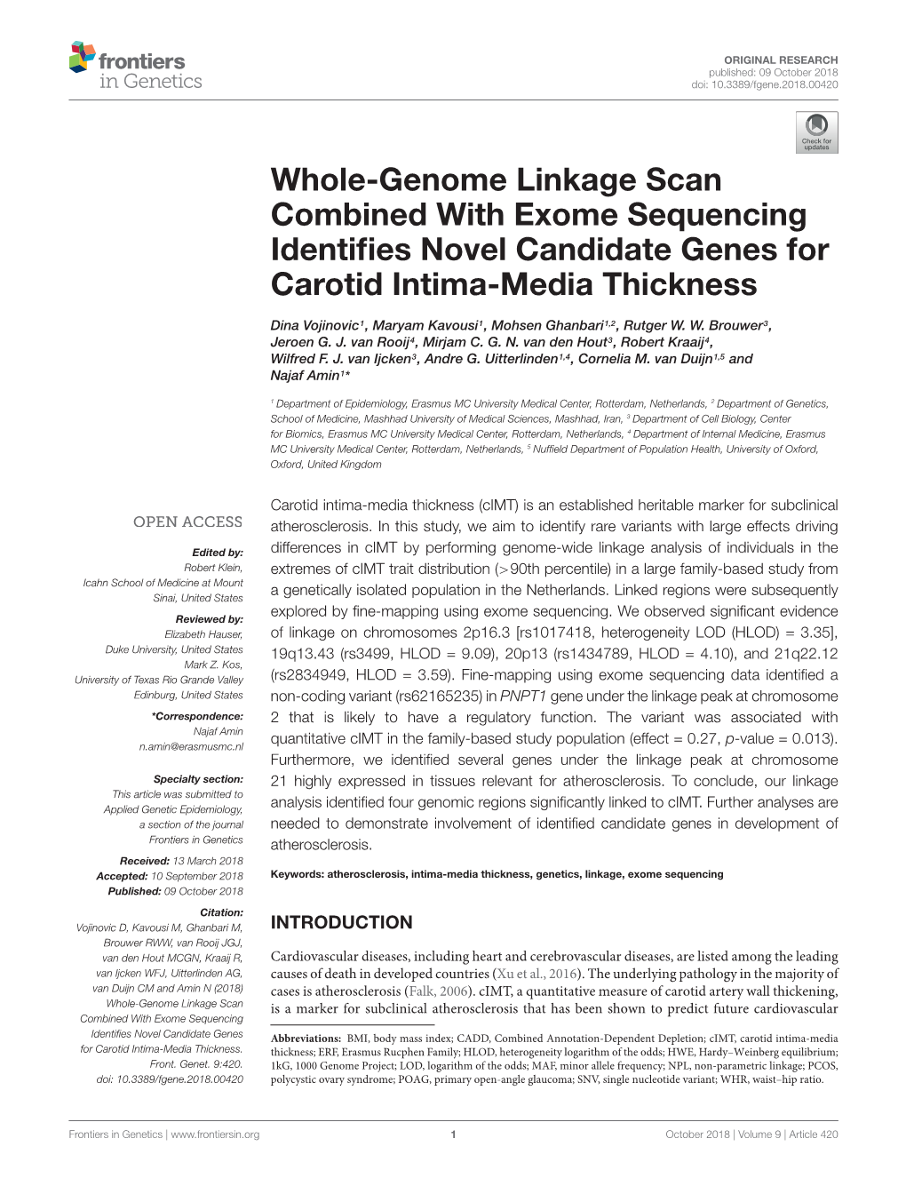 Whole-Genome Linkage Scan Combined with Exome Sequencing Identiﬁes Novel Candidate Genes for Carotid Intima-Media Thickness