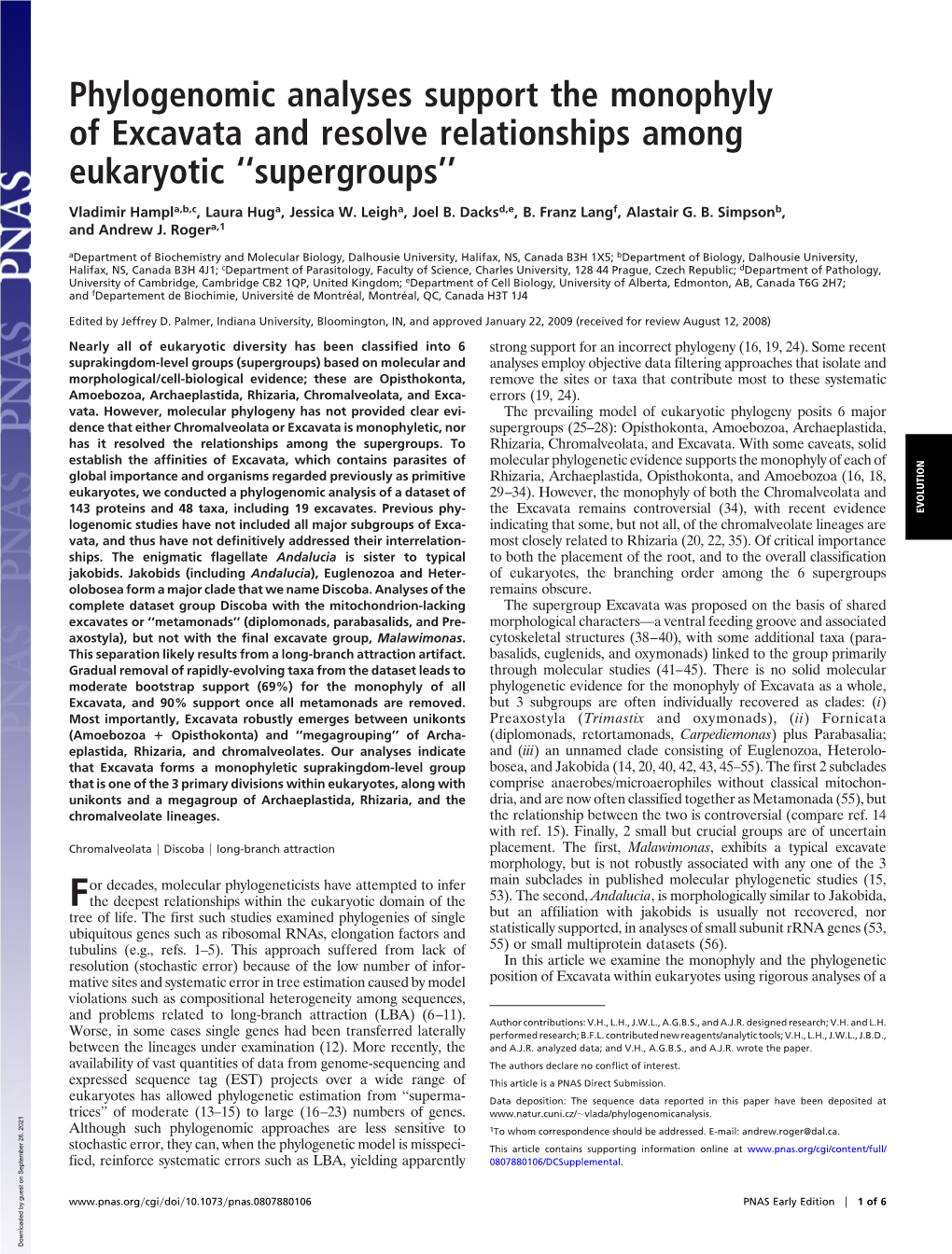 Phylogenomic Analyses Support the Monophyly of Excavata and Resolve Relationships Among Eukaryotic ‘‘Supergroups’’