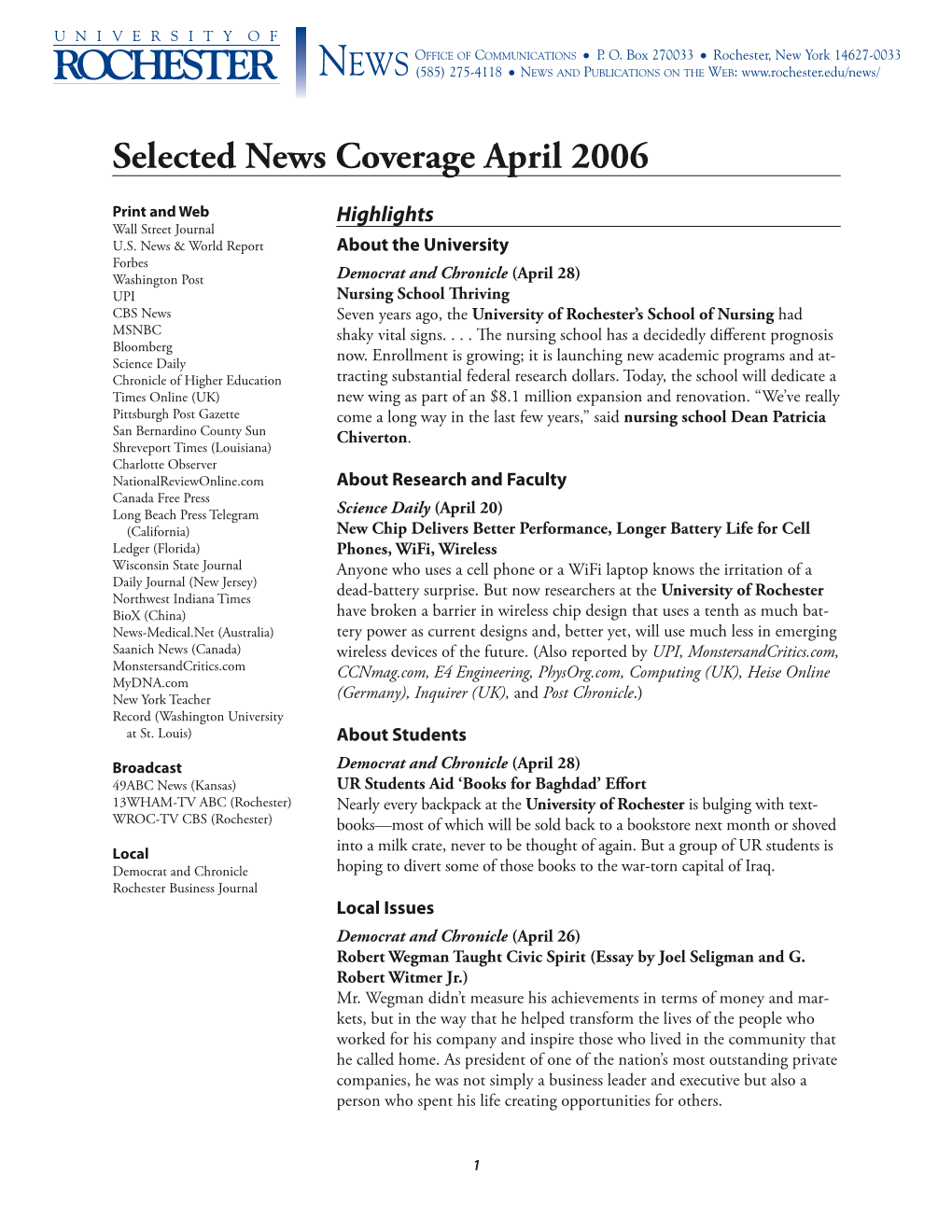 Selected News Coverage April 2006