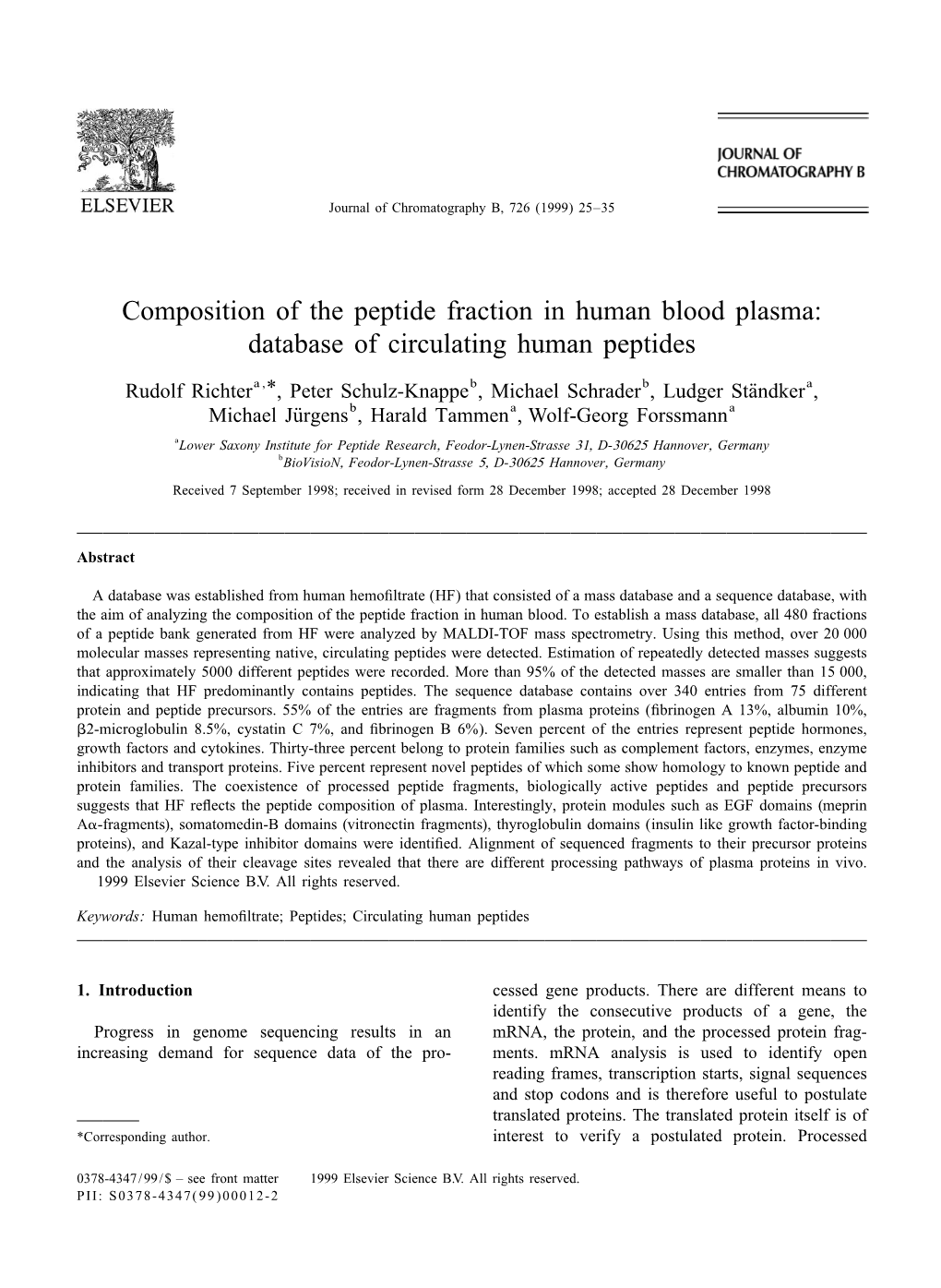 Composition of the Peptide Fraction in Human Blood Plasma: Database of Circulating Human Peptides