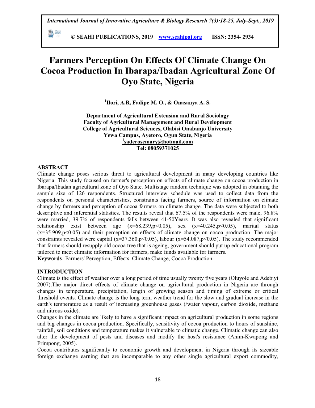 Farmers Perception on Effects of Climate Change on Cocoa Production in Ibarapa/Ibadan Agricultural Zone of Oyo State, Nigeria