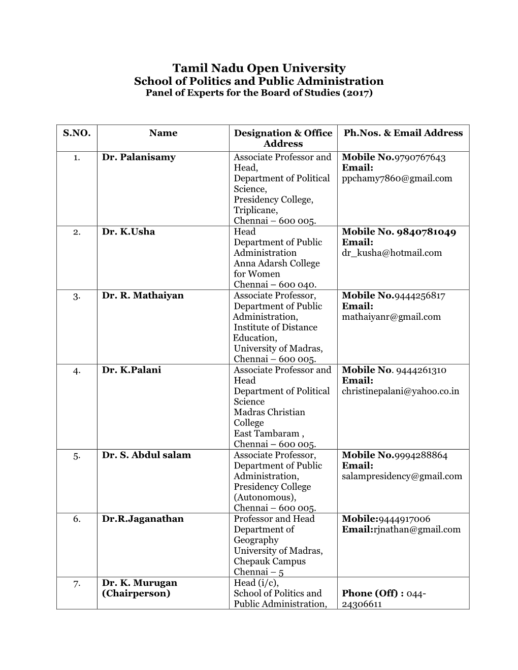 School of Politics and Public Administration Panel of Experts for the Board of Studies (2017)