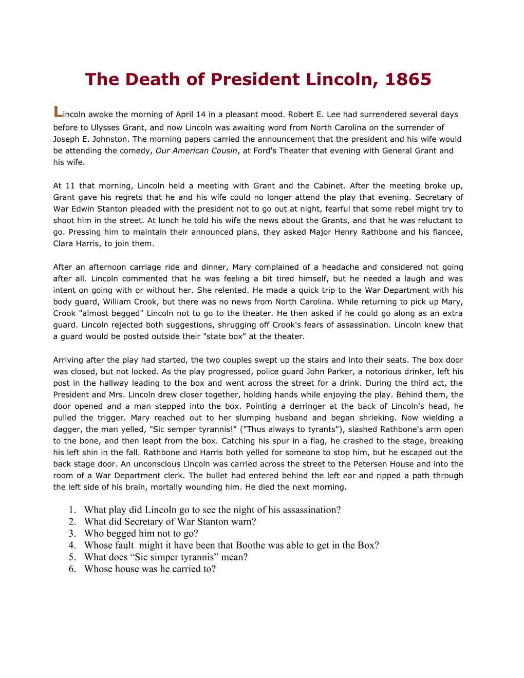 The Death of President Lincoln, 1865