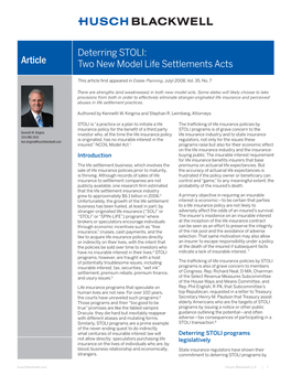 Deterring STOLI: Article Two New Model Life Settlements Acts