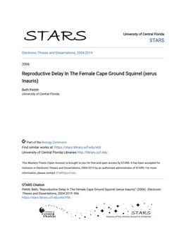 Reproductive Delay in the Female Cape Ground Squirrel (Xerus Inauris)