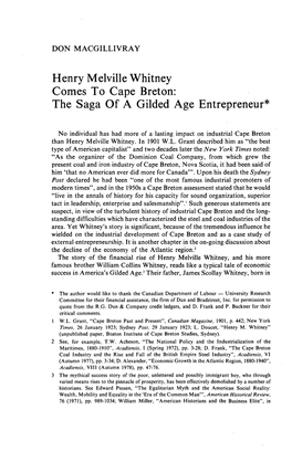 Henry Melville Whitney Comes to Cape Breton: the Saga of a Gilded Age Entrepreneur*