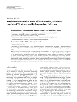 Review Article Yersinia Enterocolitica: Mode of Transmission, Molecular Insights of Virulence, and Pathogenesis of Infection
