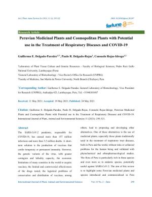 Peruvian Medicinal Plants and Cosmopolitan Plants with Potential Use in the Treatment of Respiratory Diseases and COVID-19