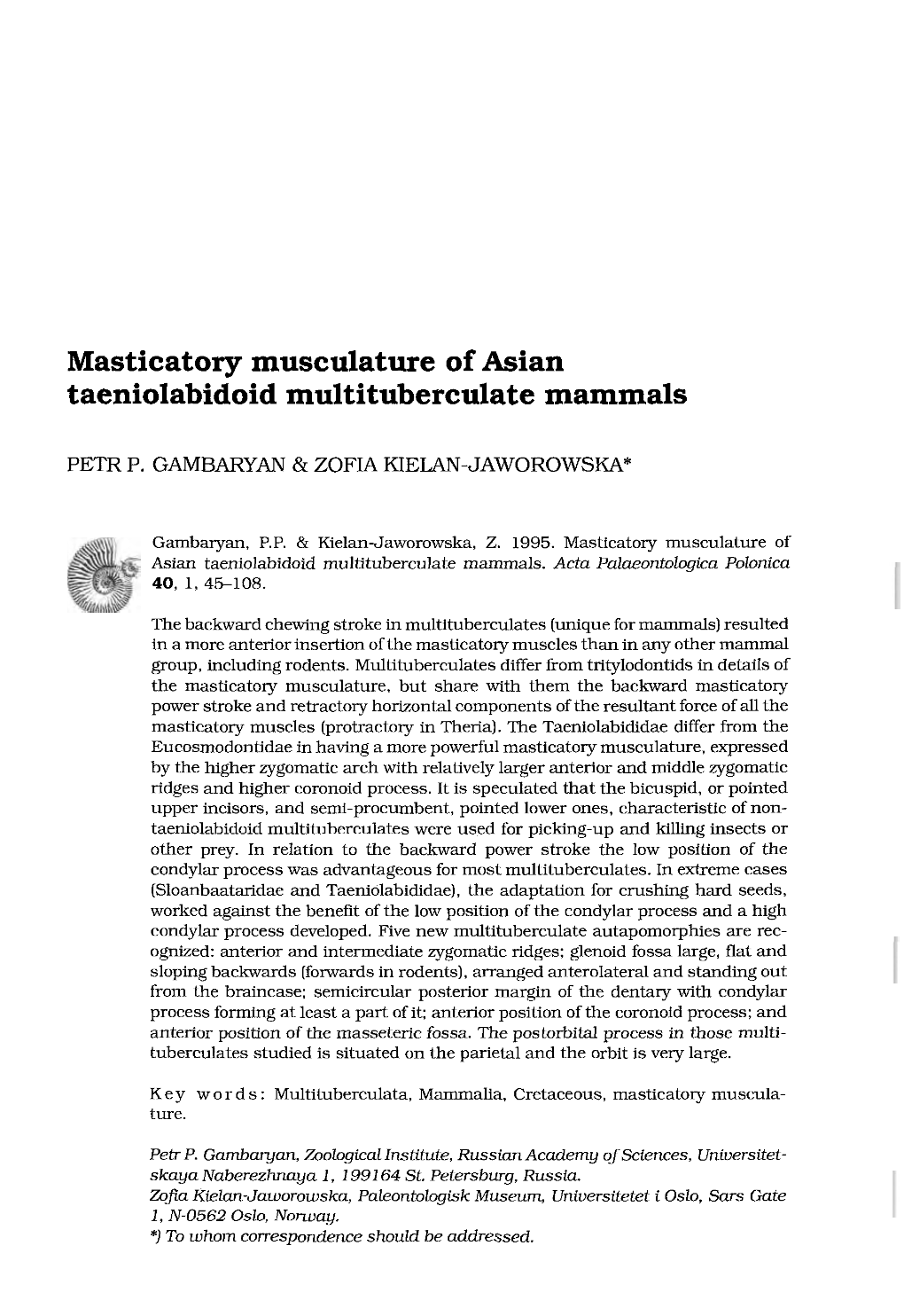 Masticatory Musculature of Asian Taeniolabidoid Multituberculate Mammals