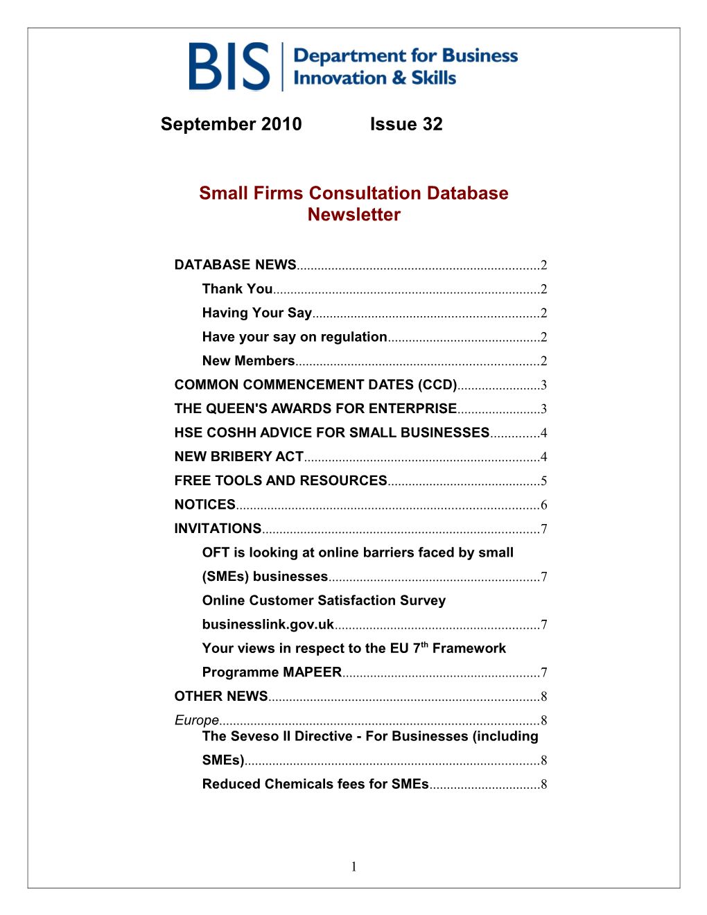 Small Firms Consultation Database Newsletter. September 2010: Issue 32