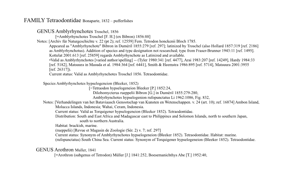 GENUS Amblyrhynchotes Troschel, 1856 GENUS Arothron Muller