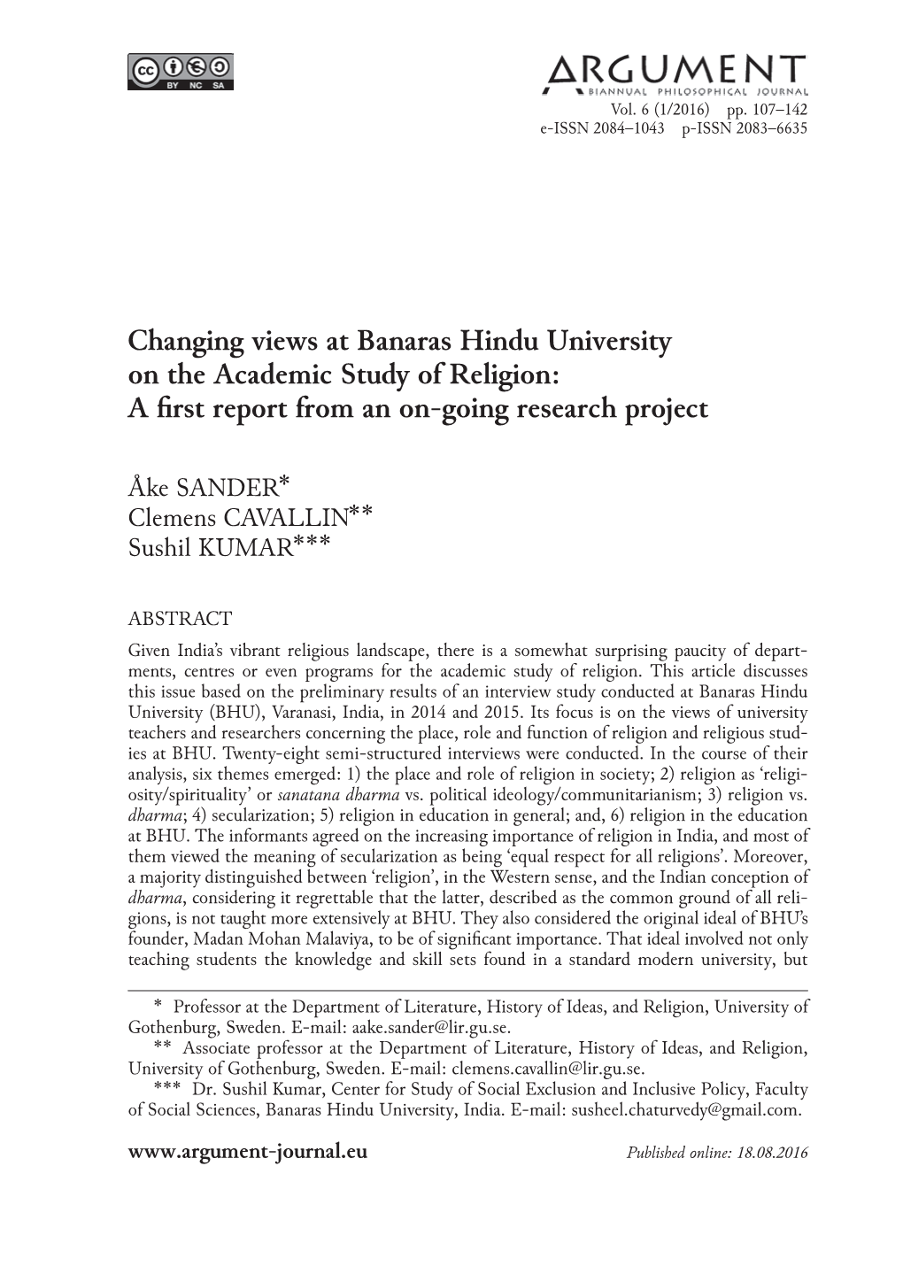 Changing Views at Banaras Hindu University on the Academic Study of Religion: a First Report from an On‑Going­ Research Project