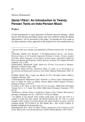Qand-I Pārsī: an Introduction to Twenty Persian Texts on Indo-Persian Music