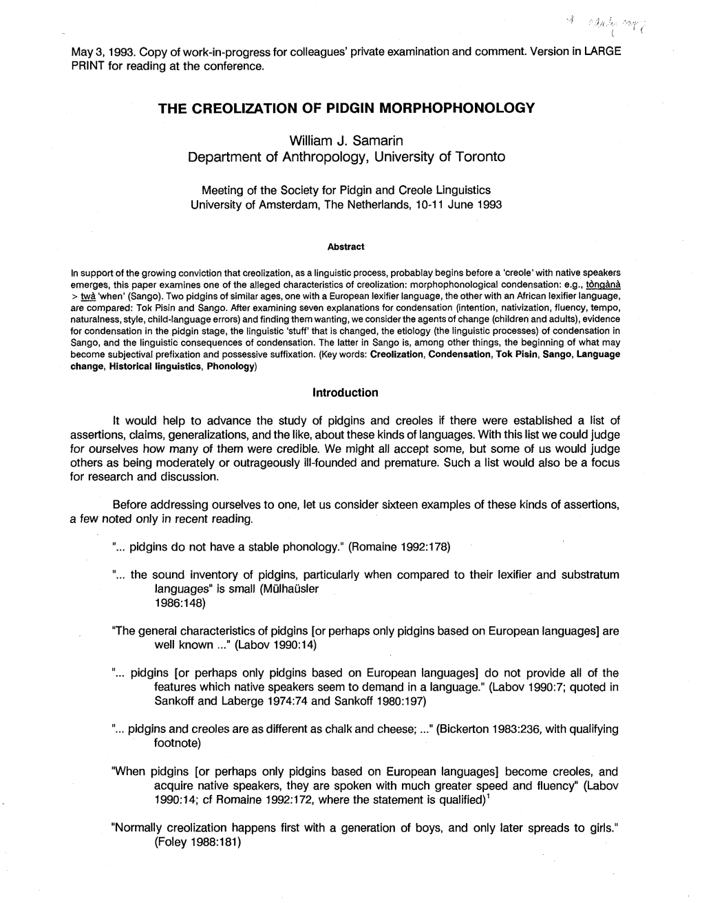 The Creolization of Pidgin Morphophonology.Pdf