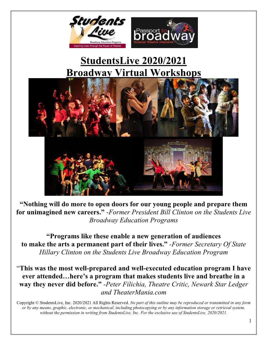 Studentslive 2020/2021 Broadway Virtual Workshops