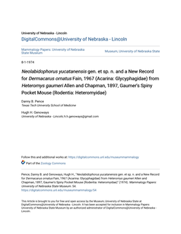 Neolabidophorus Yucatanensis Gen. Et Sp. N. and a New Record for Dermacarus Ornatus Fain, 1967