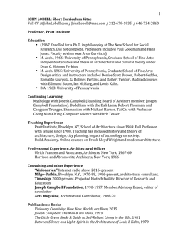 JOHN LOBELL: Short Curriculum Vitae Full CV at Johnlobell.Com / Johnlobell@Mac.Com / 212-679-1935 / 646-734-2860