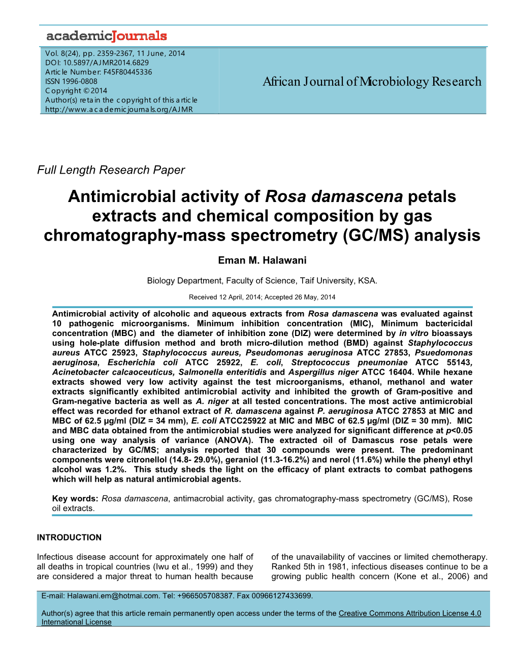 Antimicrobial Activity of Rosa Damascena Petals Extracts and Chemical Composition by Gas Chromatography-Mass Spectrometry (GC/MS) Analysis