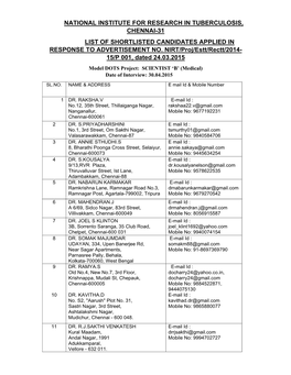 National Institute for Research in Tuberculosis, Chennai-31 List of Shortlisted Candidates Applied in Response to Advertisement No