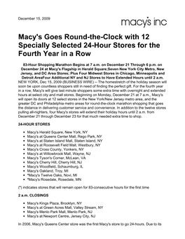 Macy's Goes Round-The-Clock with 12 Specially Selected 24-Hour Stores for the Fourth Year in a Row