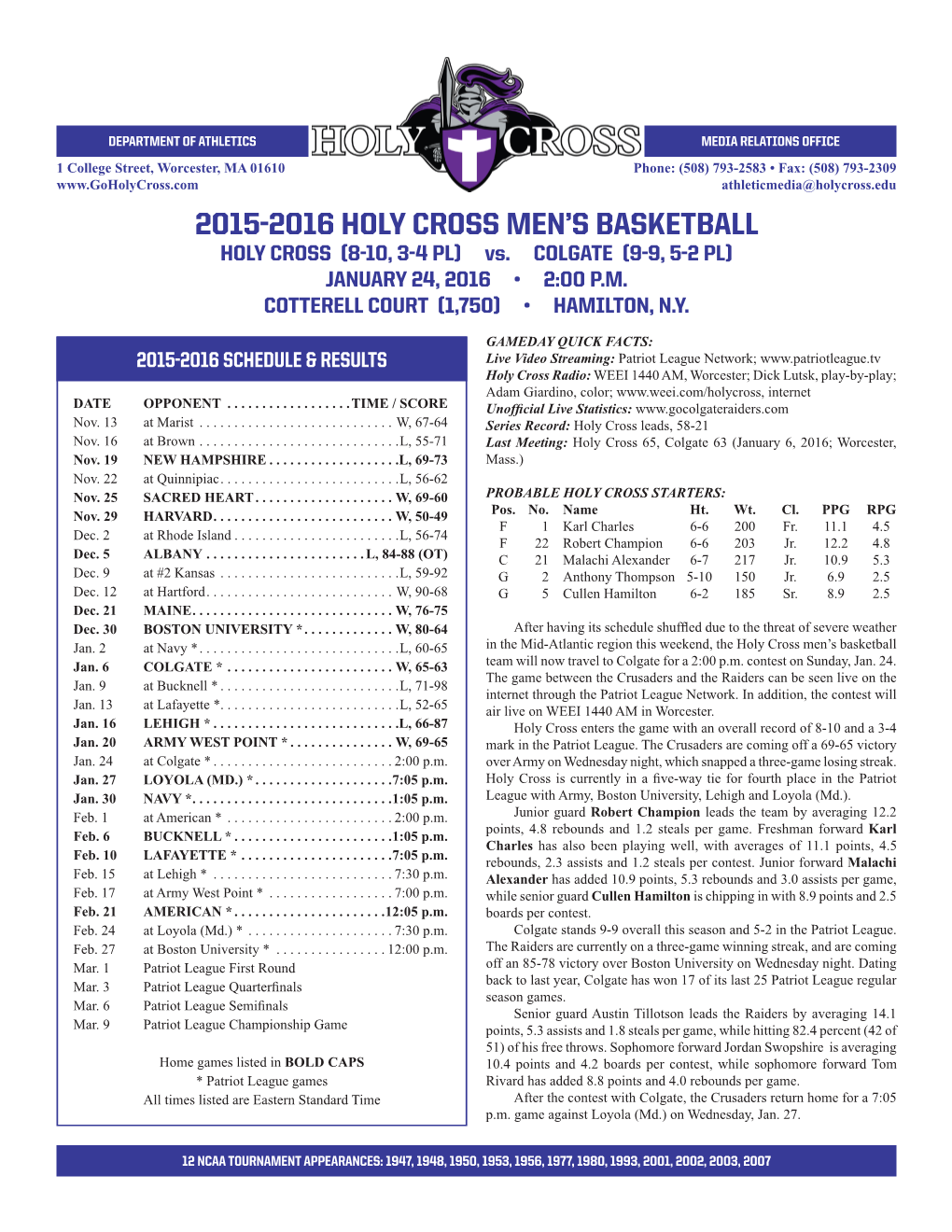 2015-2016 Holy Cross Men's Basketball