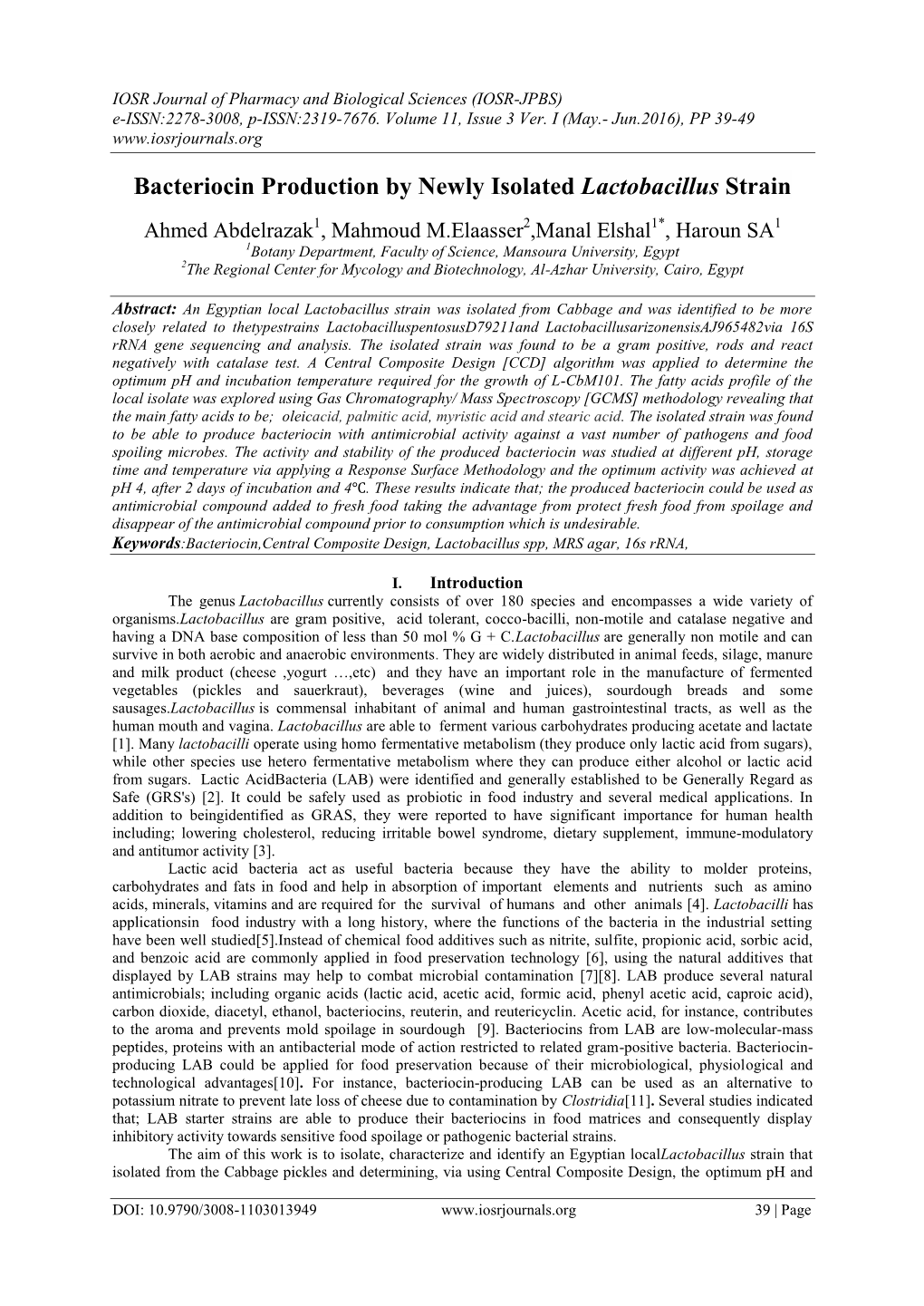 Bacteriocin Production by Newly Isolated Lactobacillus Strain