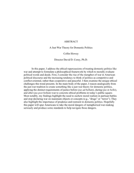 ABSTRACT a Just War Theory for Domestic Politics Collin Slowey