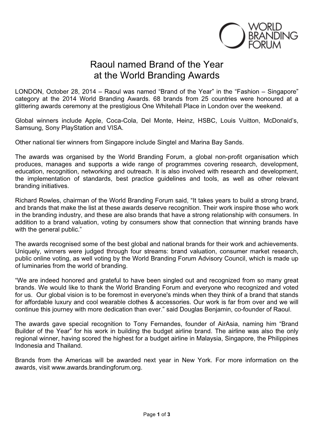 Raoul Named Brand of the Year at the World Branding Awards