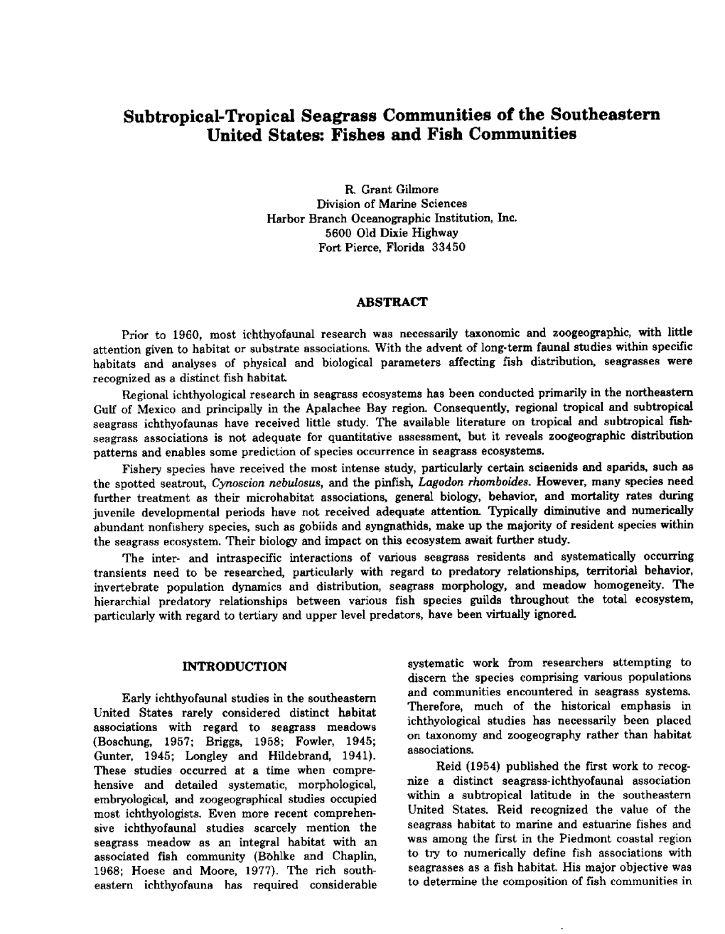 Subtropical-Tropical Seagrass Communities of the Southeastern United States: Fishes and Fish Communities