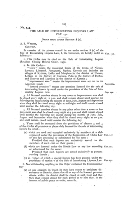 243 No. 244. the SALE of INTOXICATING LIQUORS LAW. CAP. 152. Governor. in Exercise Of. the Powers Vested in Me Under Section 8
