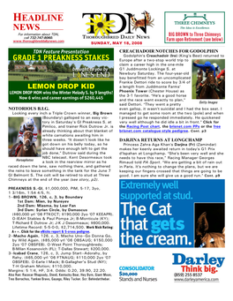 HEADLINE NEWS for Information About TDN, BIG BROWN to Three Chimneys Call 732-747-8060