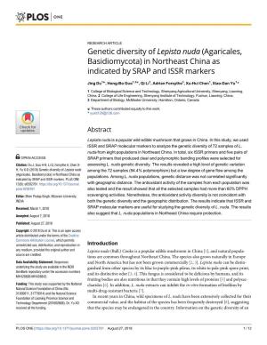 Genetic Diversity of Lepista Nuda (Agaricales, Basidiomycota) in Northeast China As Indicated by SRAP and ISSR Markers
