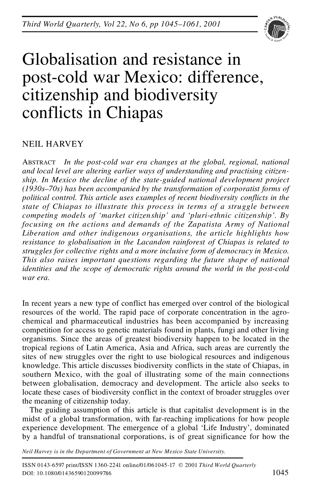 Globalisation and Resistance in Post-Cold War Mexico: Difference, Citizenship and Biodiversity Conflicts in Chiapas