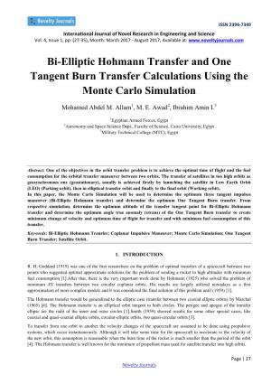 Bi-Elliptic Hohmann Transfer and One Tangent Burn Transfer Calculations Using the Monte Carlo Simulation