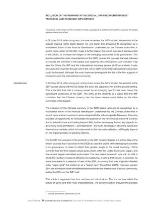 Inclusion of the Renminbi in the Special Drawing Rights Basket: Technical and Economic Implications