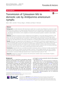Transmission of Cytauxzoon Felis to Domestic Cats by Amblyomma Americanum Nymphs Kelly E