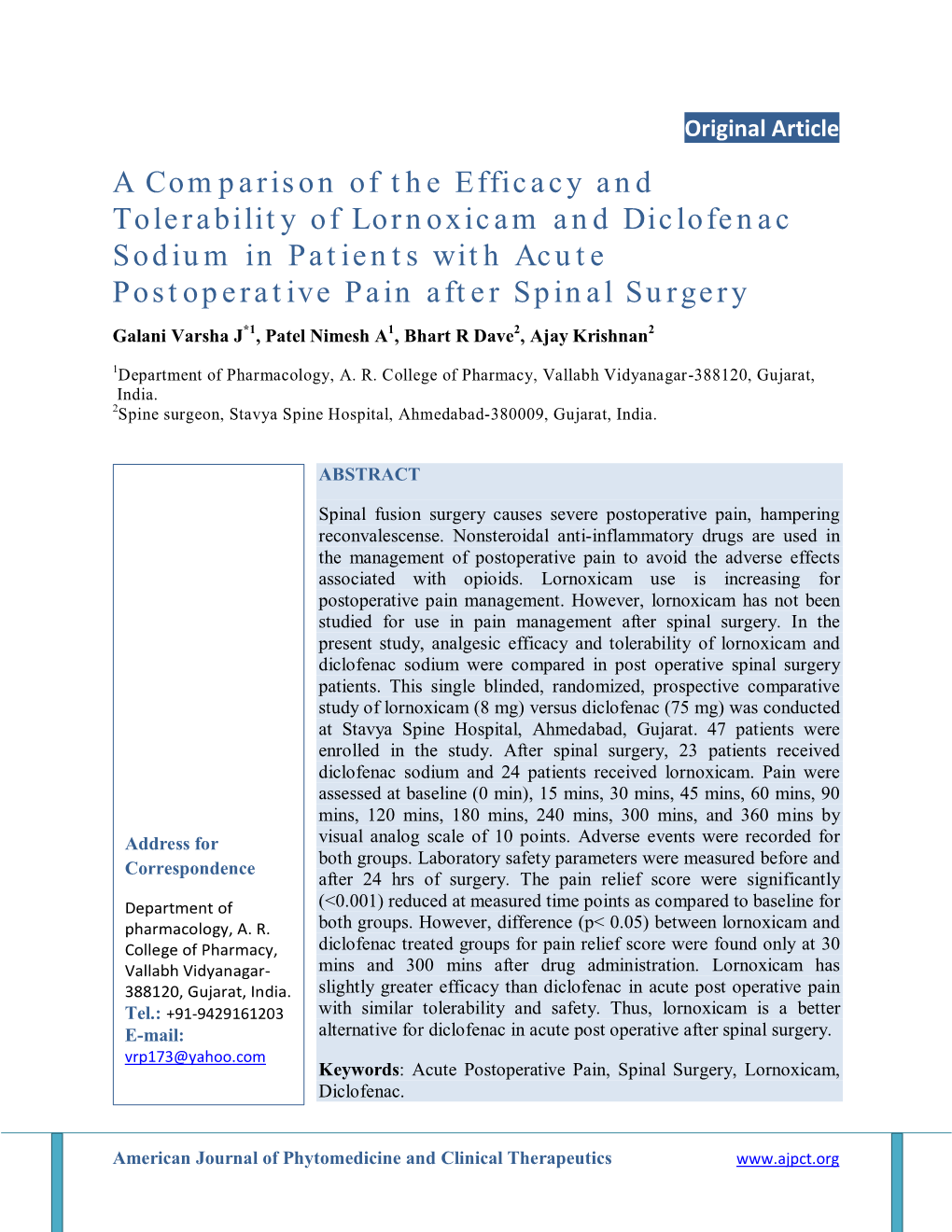 A Comparison of the Efficacy and Tolerability of Lornoxicam And