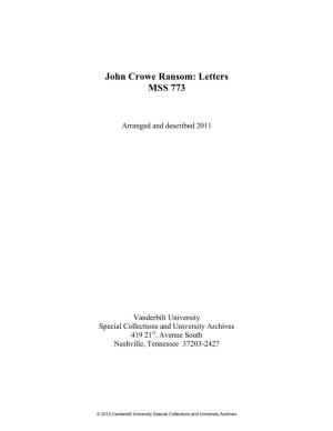 John Crowe Ransom: Letters MSS 773