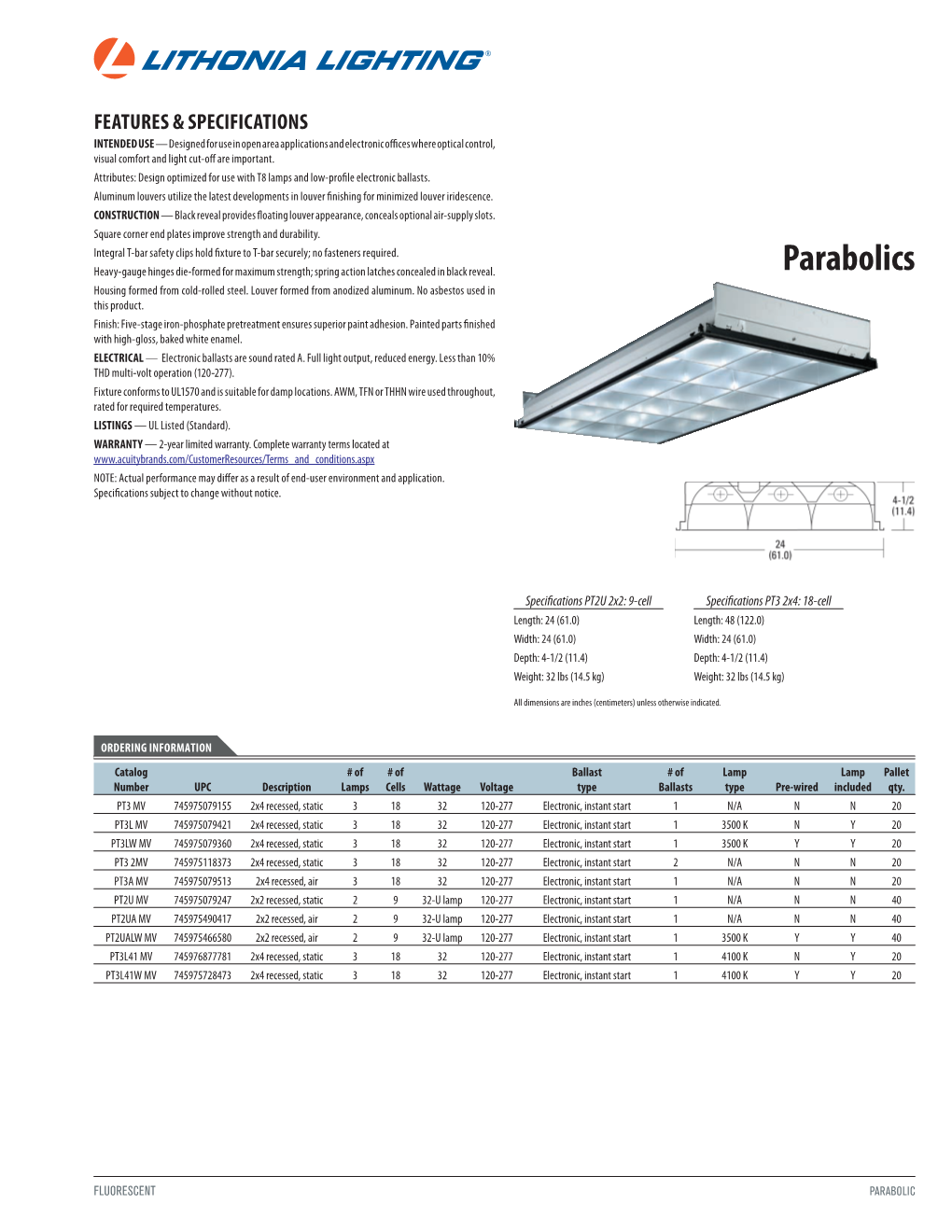 Lithonia PT2U MV Parabolic Spec Sheet