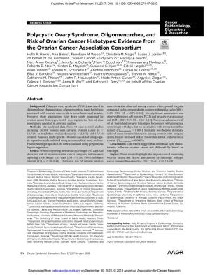 Polycystic Ovary Syndrome, Oligomenorrhea, and Risk of Ovarian Cancer Histotypes: Evidence from the Ovarian Cancer Association Consortium