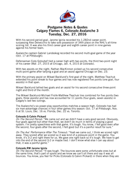 Postgame Notes & Quotes Calgary Flames 6, Colorado Avalanche 3