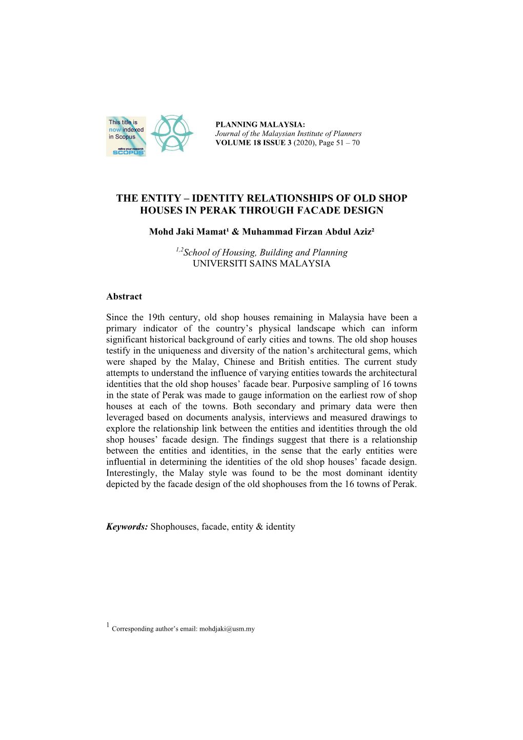 The Entity – Identity Relationships of Old Shop Houses in Perak Through Facade Design