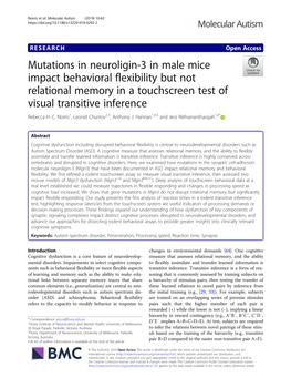 Mutations in Neuroligin-3 in Male Mice Impact Behavioral Flexibility but Not Relational Memory in a Touchscreen Test of Visual Transitive Inference Rebecca H