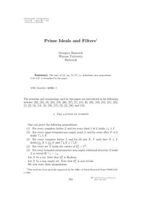 Prime Ideals and Filters1