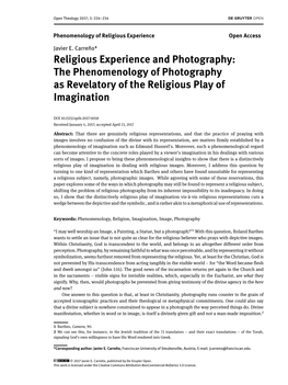 Religious Experience and Photography: the Phenomenology of Photography As Revelatory of the Religious Play of Imagination