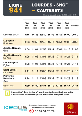 LOURDES - SNCF 941  CAUTERETS Horaires Valables À Compter Du 10 Décembre 2017