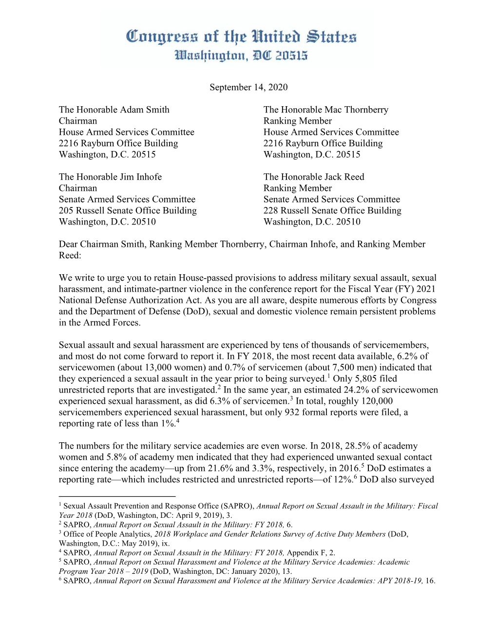 Letter to NDAA Conferees SA SH DV Provisions