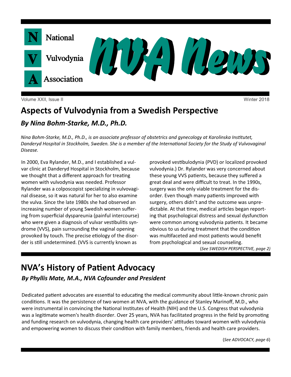 Aspects of Vulvodynia from a Swedish Perspective NVA's History Of