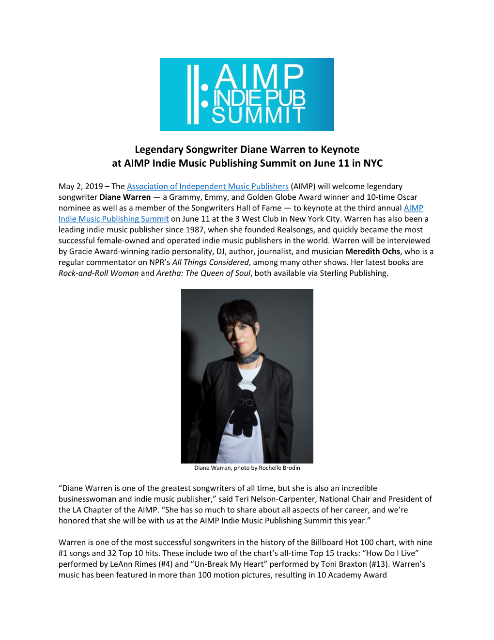 Legendary Songwriter Diane Warren to Keynote at AIMP Indie Music Publishing Summit on June 11 in NYC