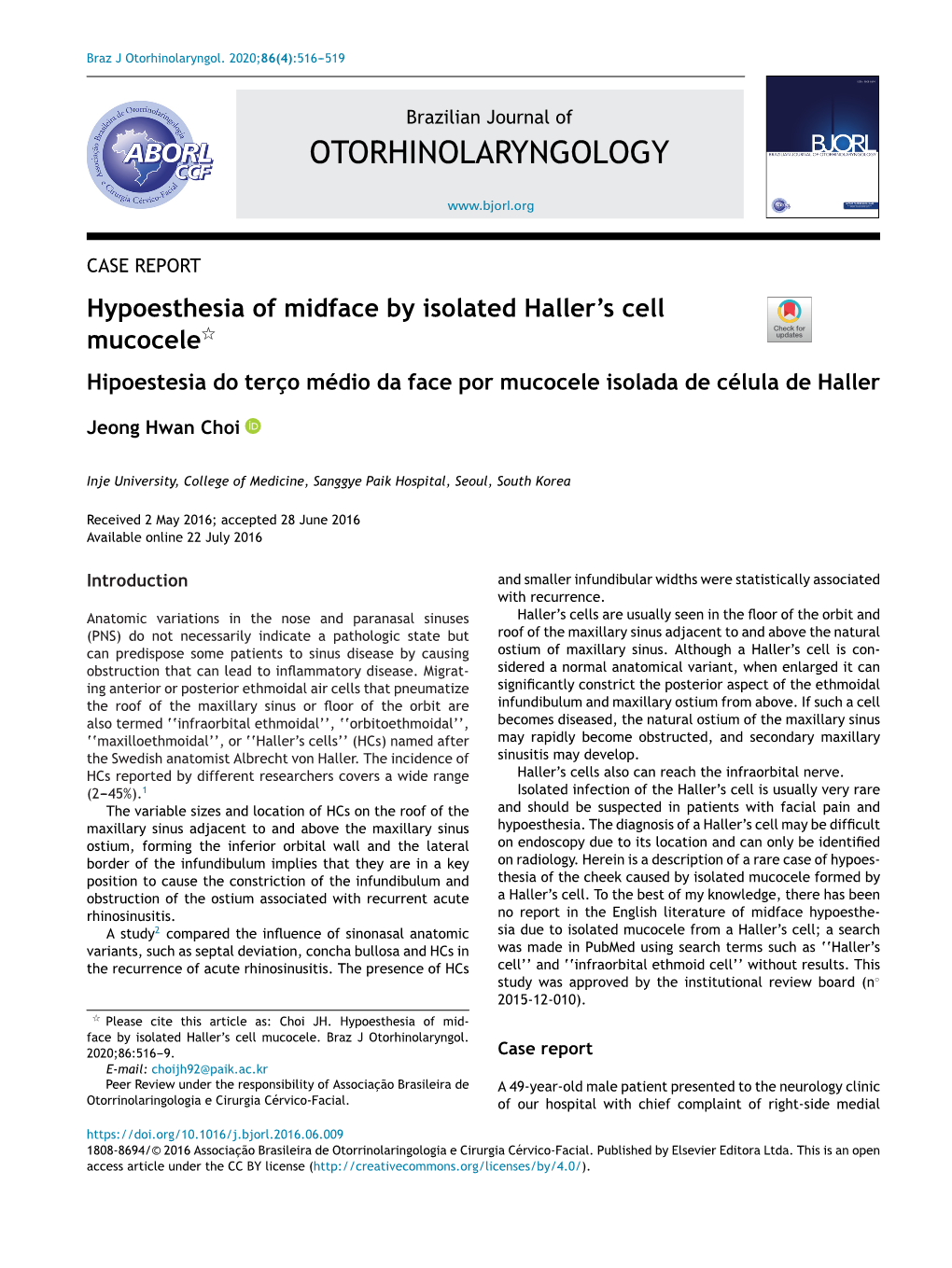 Hypoesthesia of Midface by Isolated Haller's Cell Mucocele